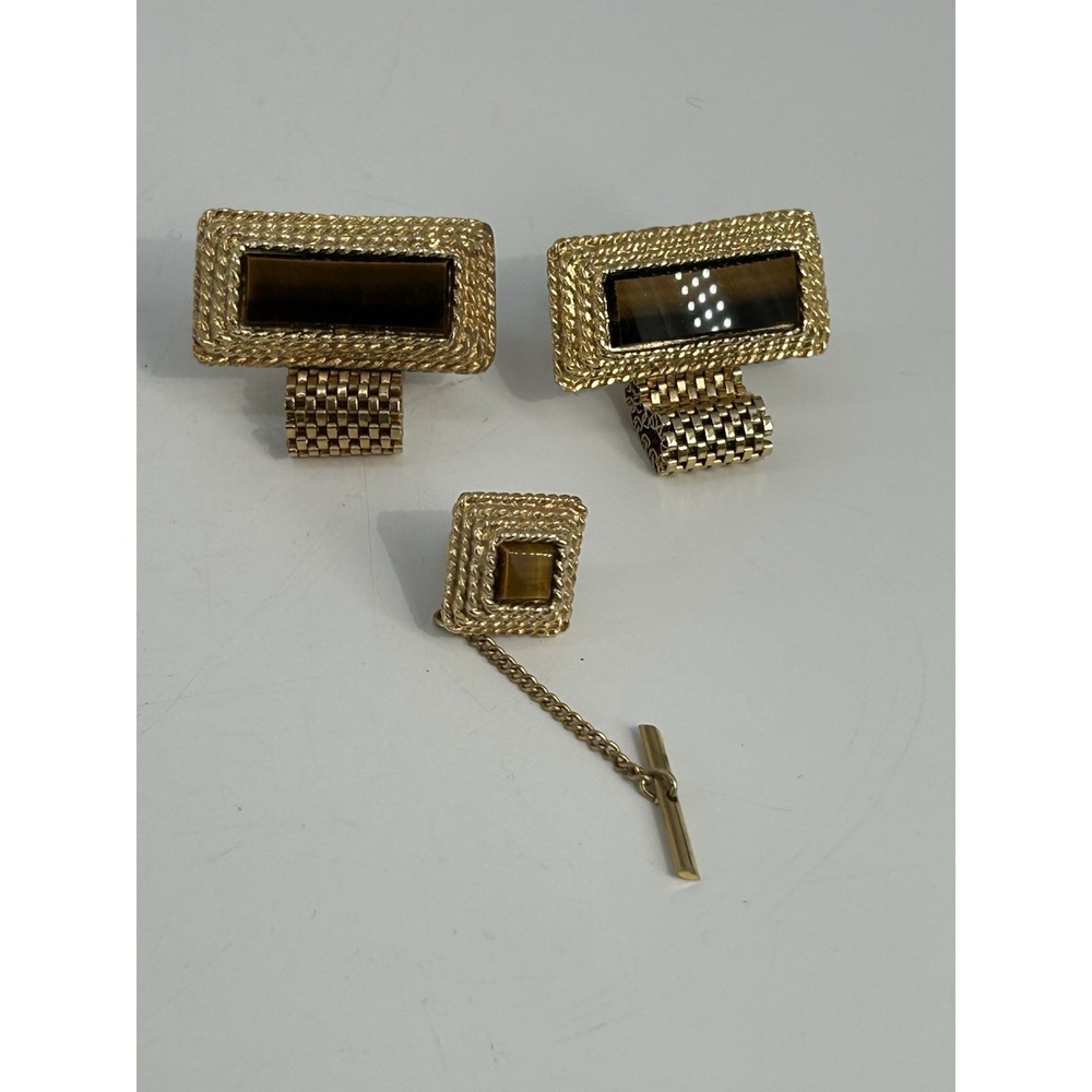 Vintage 1970s Gold Tone Tigers Eye Wrap Around Cuff Links & Tie Tac Bar Set